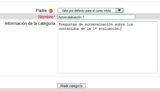 Cuestionario. Añadir categoría. Descripción