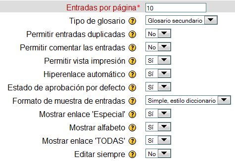 Agregar Glosario. Entradas por página y su configuración