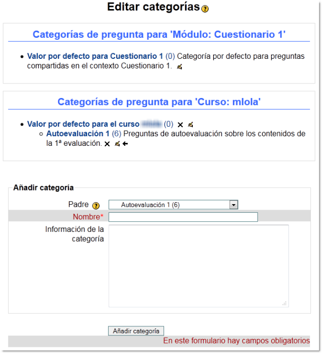 Creación y edición de categorías. Cuestionario