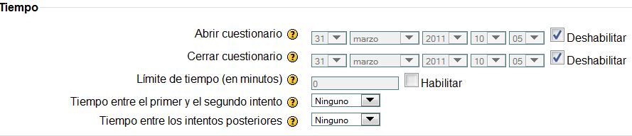 Cuestionario. Fechas, límite de tiempo, intentos,...