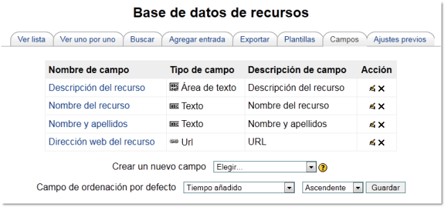 campos creados en la base de datos