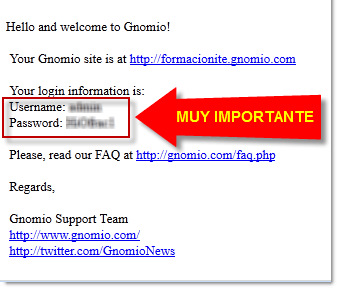 Correo electrónico enviado con los datos de usuario de Gnomio