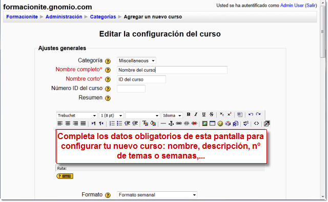 Configuración de un curso nuevo en Moodle