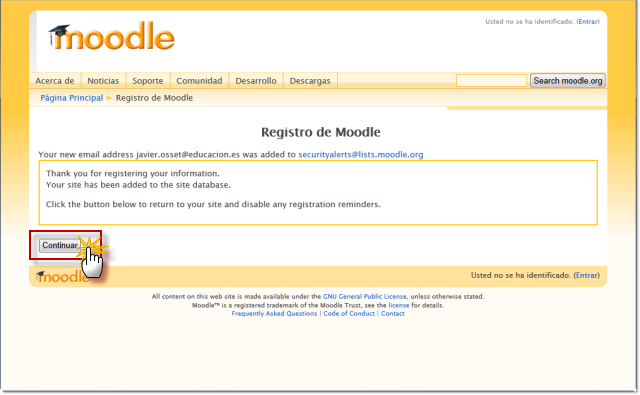 pantalla para el registro en Moodle.org