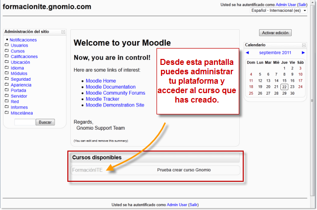 Curso en la página principal del sitio Moodle