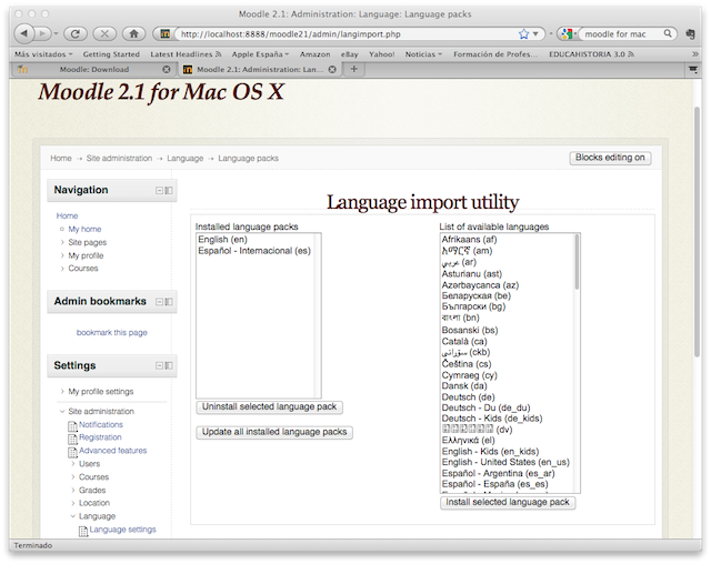 Opciones para cambiar el idioma del sitio Moodle