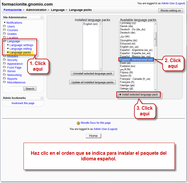 Opciones para cambiar el idioma del sitio Moodle