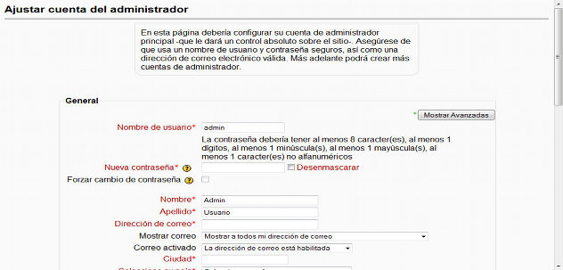 Ajustes de la cuenta del administrador