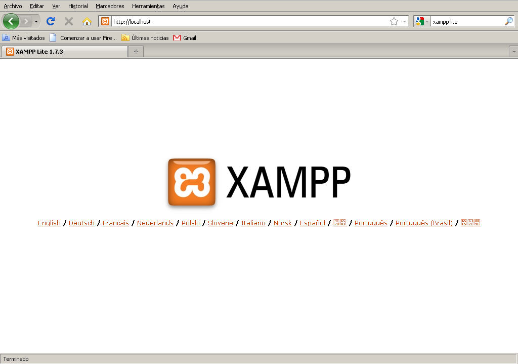 pantalla de bienvenida de Xampp Lite