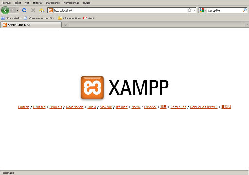 pantalla de bienvenida de Xampp Lite