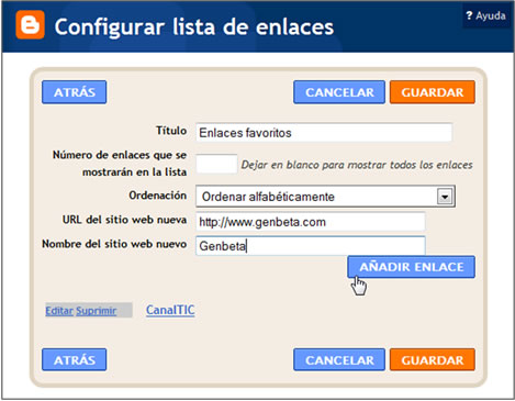 Configurar lista de enlaces