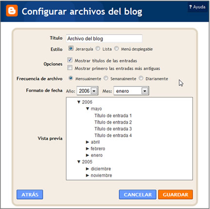 Configurar archivos del blog