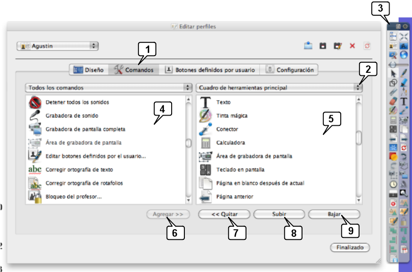 Ventana Editar perfiles: pestaña Comandos