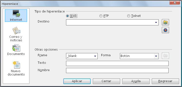 Cuadro de diálogo Hiperenlace - Internet
