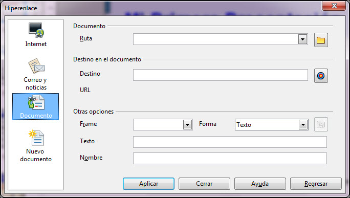 Cuadro de diálogo Hiperenlace - Documento
