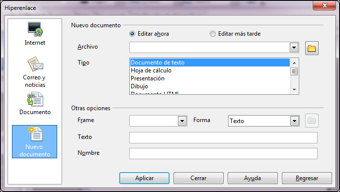 Cuadro de diálogo Hiperenlace - Nuevo documento