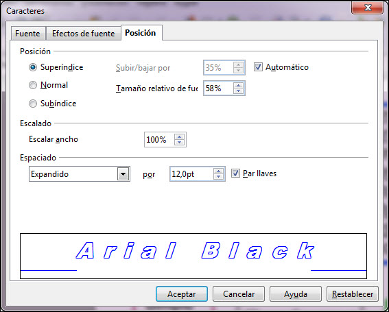 Cuadro de diálogo Caracteres. Posición
