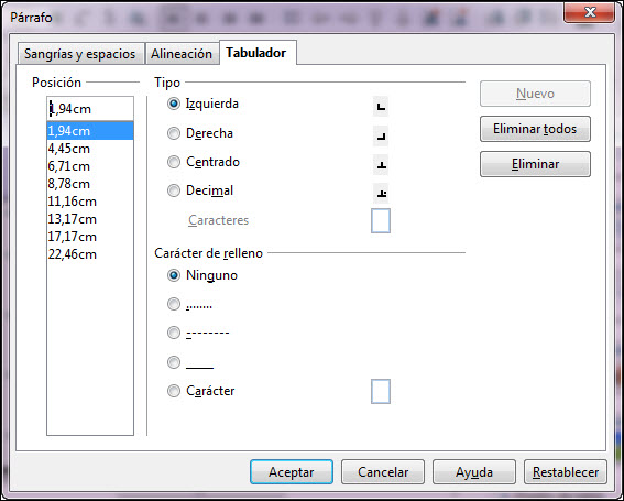 Cuadro de diálogo Párrafo. Tabulador