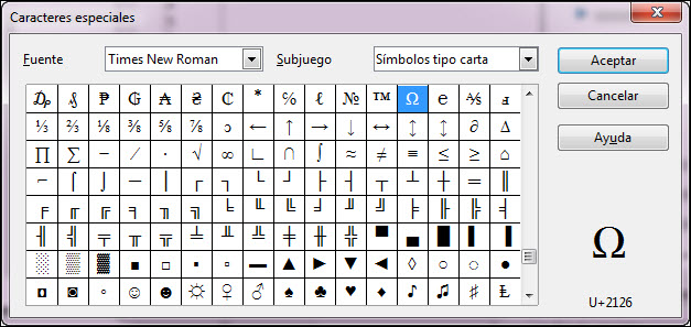 Cuadro de diálogo Caracgteres especiales