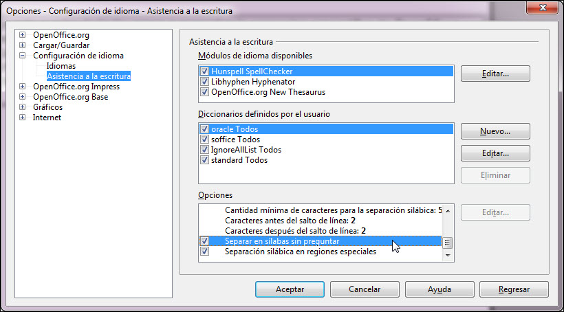 Cuadro de diálogo Opciones- Separación silábica