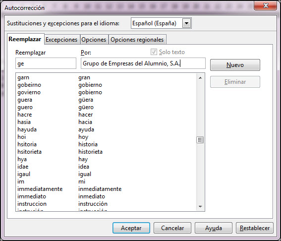 Cuadro de diálogo Autocorrección - Reemplazar