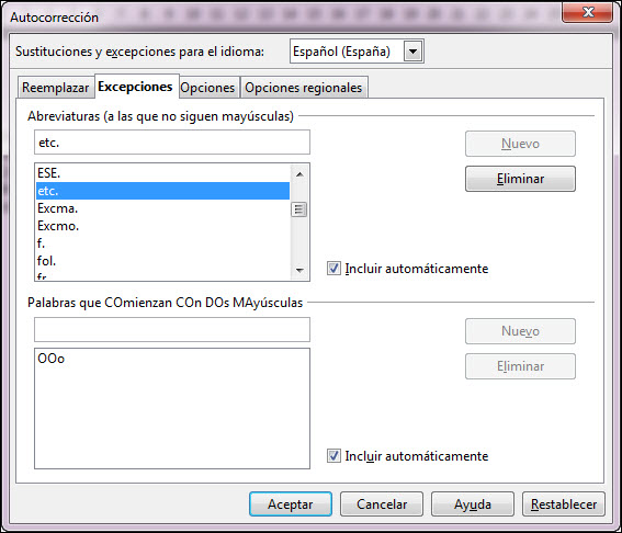 Cuadro de diálogo Autocorrección - Excepciones