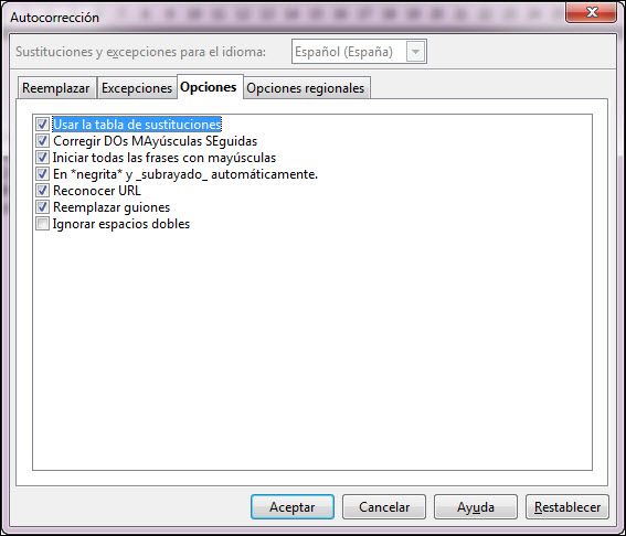 Cuadro de diálogo Autocorrección - Opciones