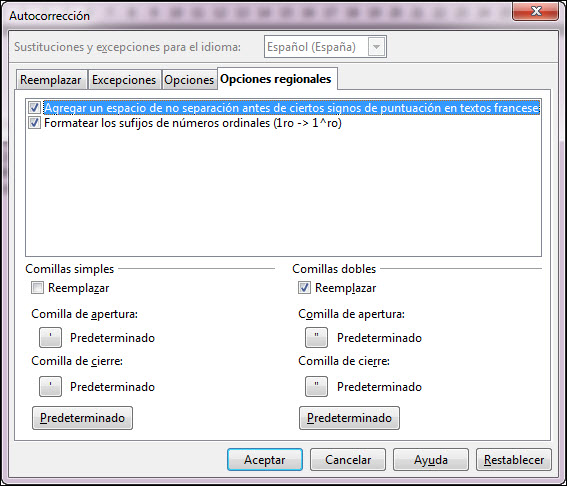 Cuadro de diálogo Autocorrección - Opciones regionales