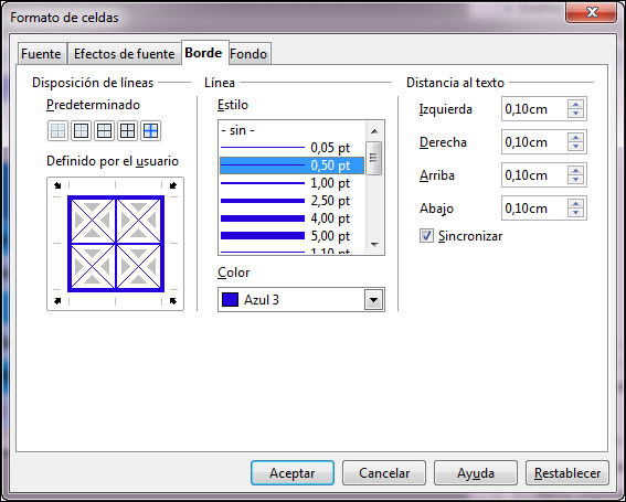 Cuadro de diálogo Formato de celdas - Borde