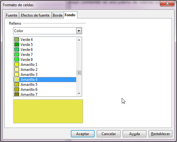 Cuadro de diálogo Formato de celdas - Fondo