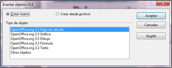 Cuadro de diálogo Insertar objeto OLE