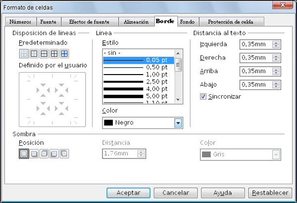 Cuadro de diálogo Formato de celdas - Borde