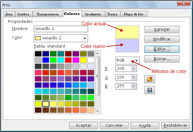 Cuadro de diálogo Área - Colores