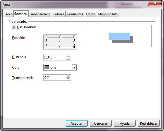 Cuadro de diálogo Área - Sombra