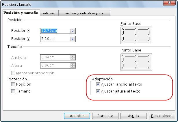 Cuadro de diálogo Posición y tamaño - Posición y tamaño