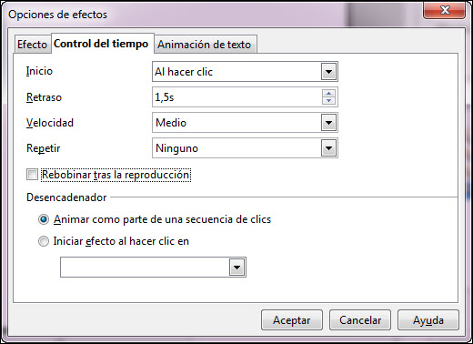 Cuadro de diálogo Opciones de efectos - Control del tiempo