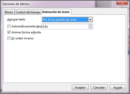 Cuadro de diálogo Opciones de efectos - Animación de texto