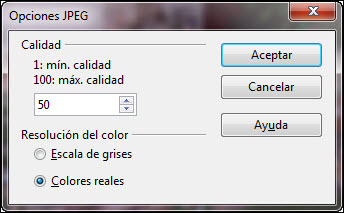 Cuadro de diálogo Opciones JPEG