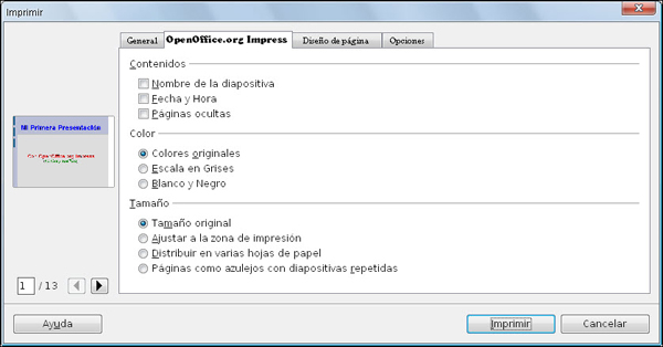 Cuadro de diálogo Imprimir - OpenOffice.org Impress