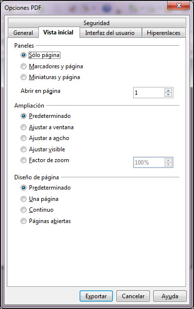 Cuadro de diálogo Opciones PDF - Vista inicial