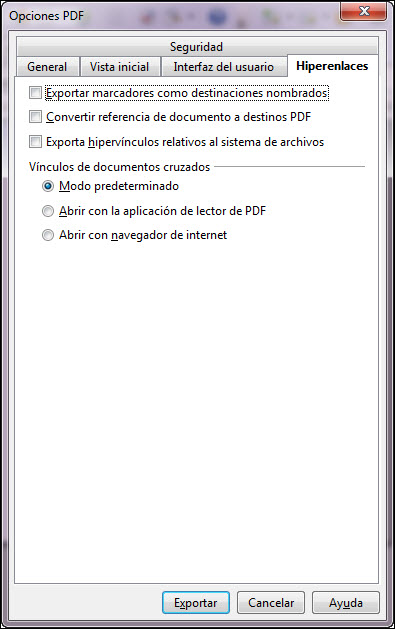 Cuadro de diálogo Opciones PDF - Hiperenlaces