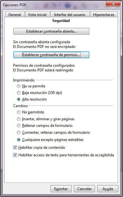 Cuadro de diálogo Opciones PDF - Seguridad