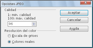 Cuadro de diálogo Opciones JPEG