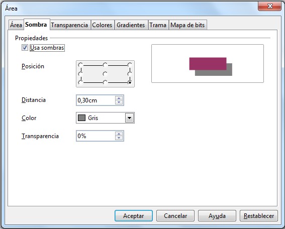 Cuadro de diálogo Área - Sombra