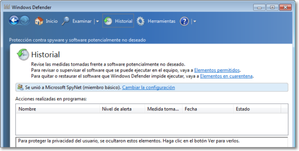 Historial de Windows Defender