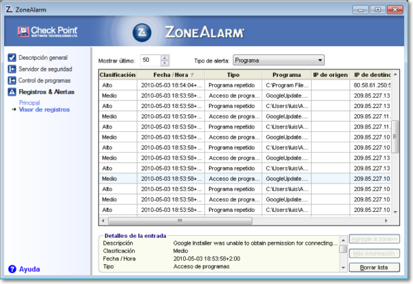 Registros y alertas